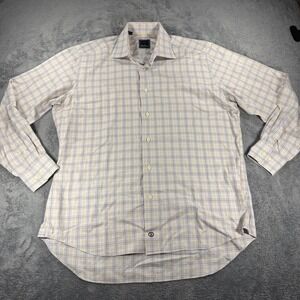 David Donahue Mens 16 34/35 Tan Blue Plaid Cotton Long Sleeve Button Down Shirt